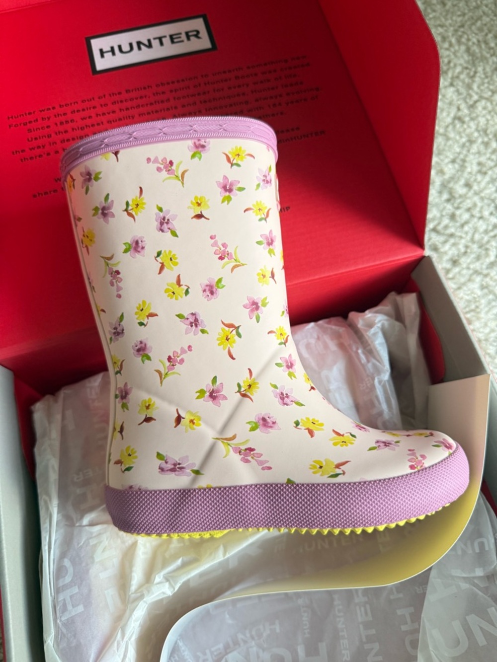 Hunter Kids Yellow Sole Pink Floral Rain Boot